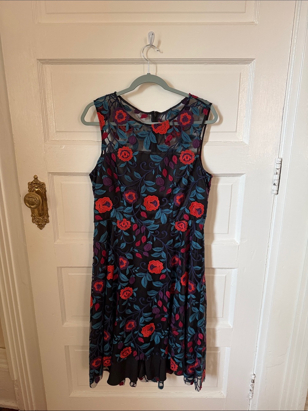Black Midi Dress with Red Rose Embroidery